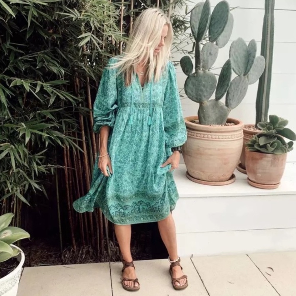 SOLD OUT Aqua Bohemian Floral Camel Long Sleeve Bohemian Gypsy Dress - Picture 3 of 7